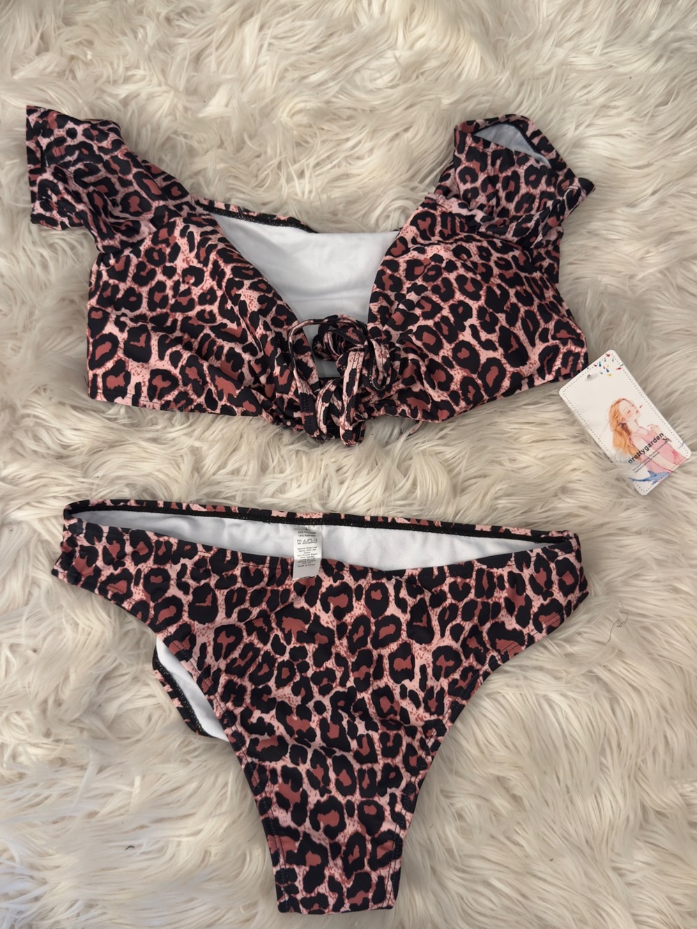Women’s Leopard Print Tie-Front Bikini Top and Bottom pink and black